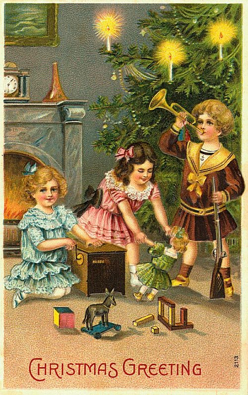 Victorian Christmas Greeting Card with Children & Decorations