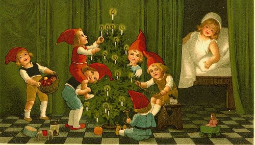 Vintage Christmas Card with Gnomes Decorating Tree, Victorian Era
