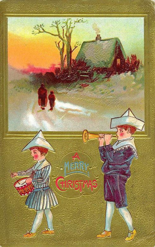 Vintage Christmas Card Dutch Children Gold Embossed 1900s
