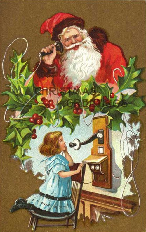 Vintage Christmas Card: Santa Telephone Child Victorian Greeting
