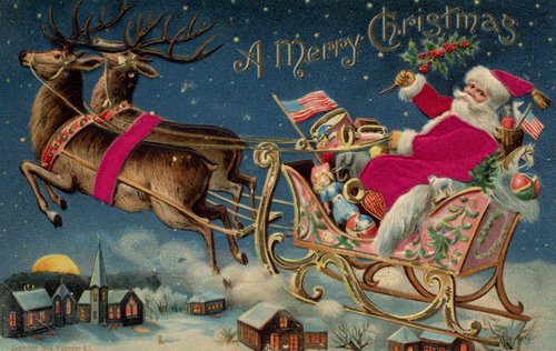 Victorian Santa Sleigh Christmas Greeting Card with Reindeer