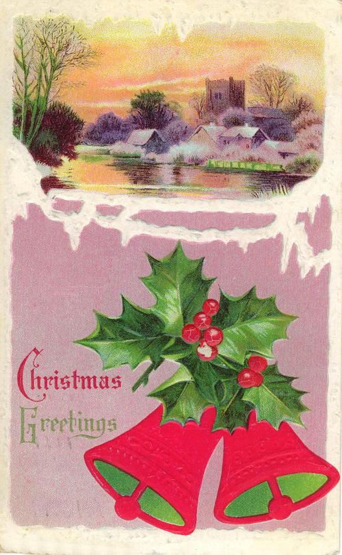 Victorian Christmas Greetings Card Holly Bells & Church