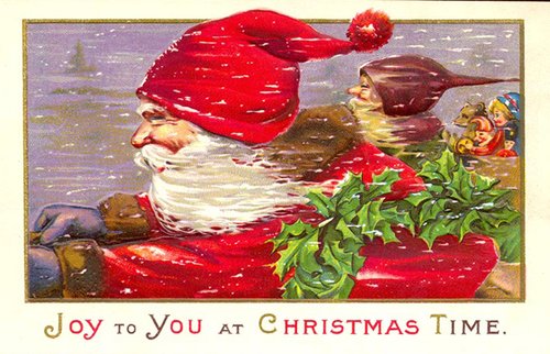 Victorian Santa Christmas Greeting Card with Holly & Children