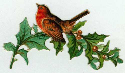 Victorian Christmas Robin on Holly Branch Die-Cut Greeting Card