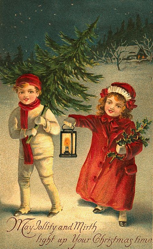 Victorian Christmas Greeting Card: Children with Lantern & Evergreen