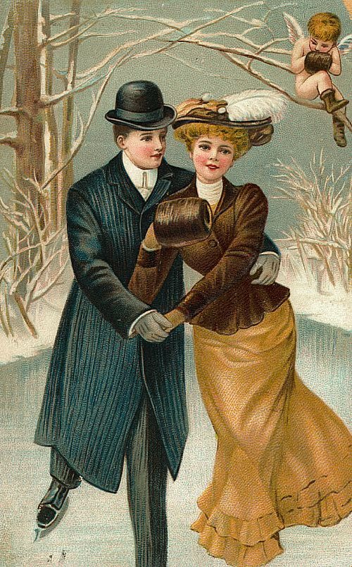 Edwardian Winter Romance Greeting Card - Couple & Cherub