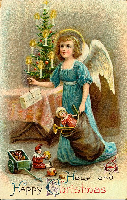 Victorian Christmas Angel Greeting Card with Decorated Tree