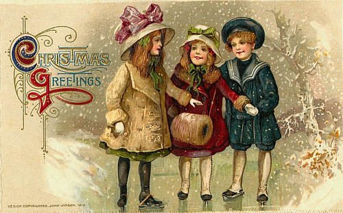 Victorian Christmas Greetings Card with Children in Snow