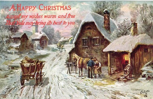 Victorian Christmas Village Scene Greeting Card with Snow