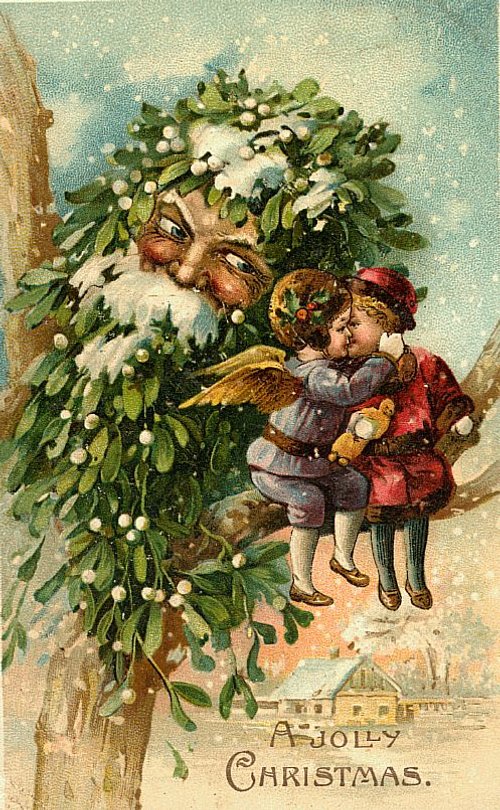 Victorian Christmas Greeting Card with Children and Mistletoe