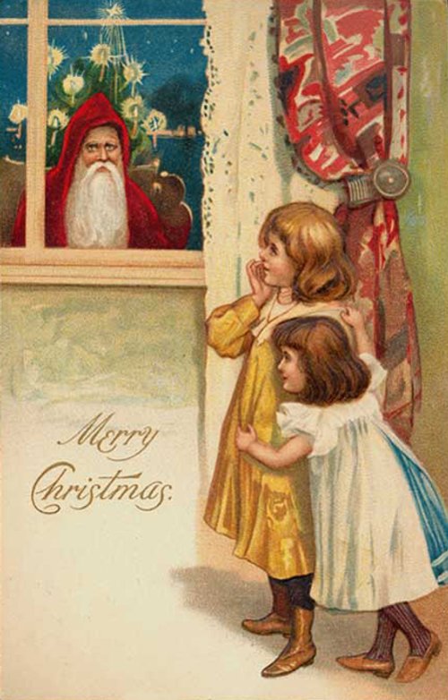 Victorian Christmas Card with Santa at Window & Children
