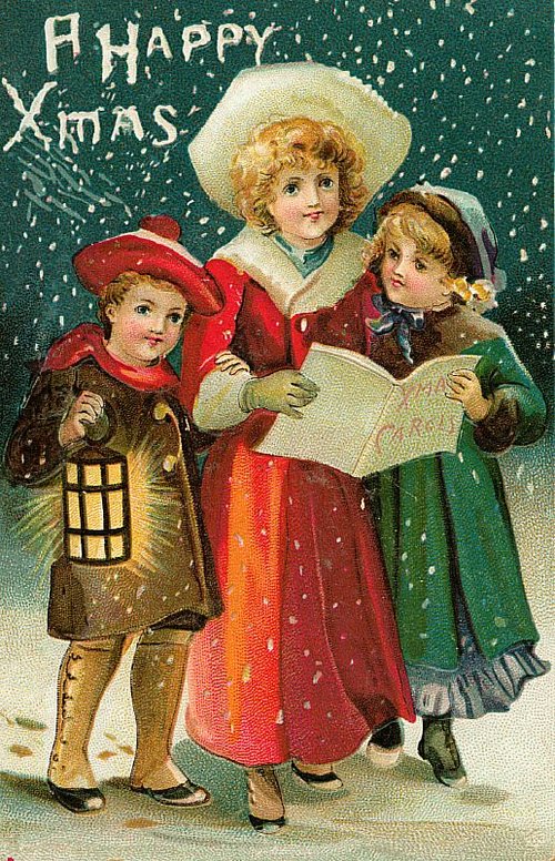 Victorian Christmas Carolers with Lantern - Vintage Holiday Greeting Card