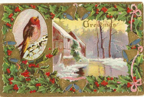 Victorian Christmas Greeting Card with Robin & Winter Scene