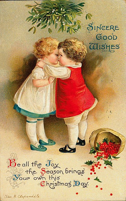 Vintage Christmas Card Two Children Kissing Mistletoe 1900s