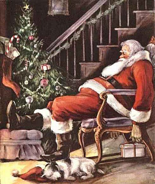 Victorian Santa Christmas Greeting Card with Fireplace Scene