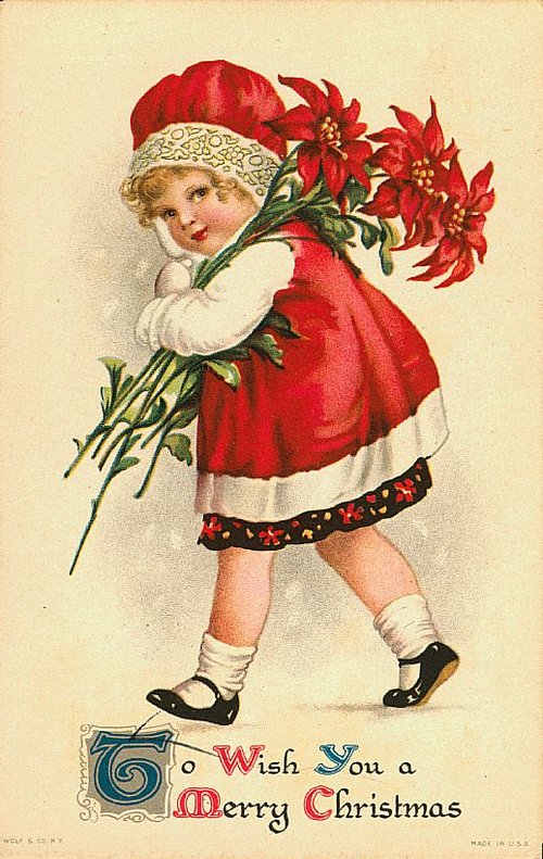 Victorian Christmas Greeting Card: Child with Red Poinsettias