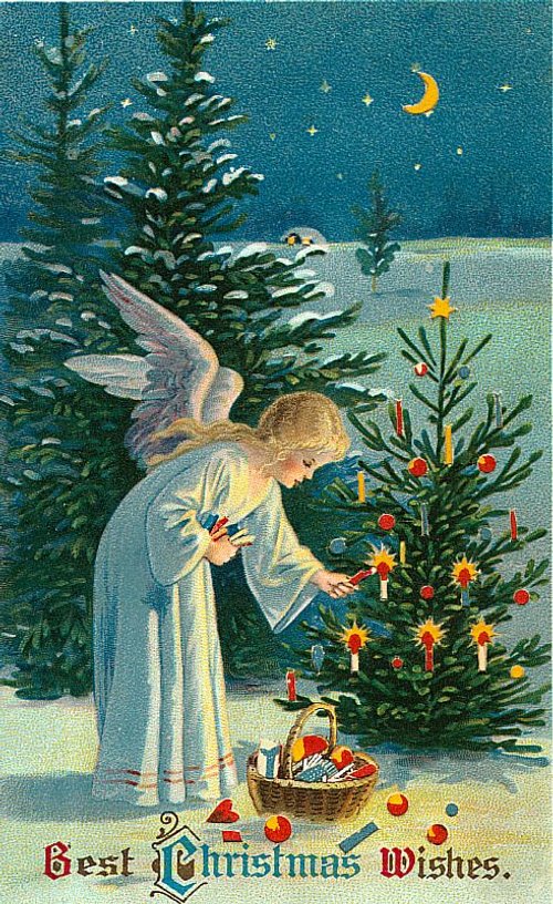 Victorian Christmas Angel with Tree Vintage Greeting Card