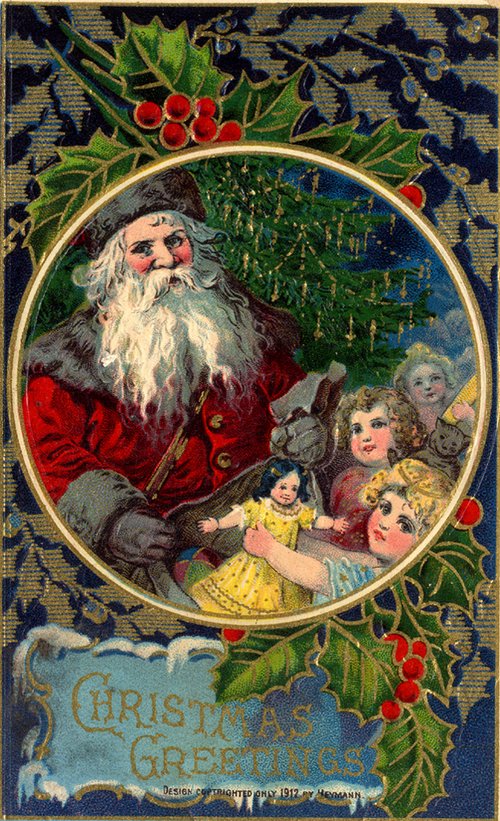 Vintage 1912 Santa Christmas Greeting Card with Holly & Children