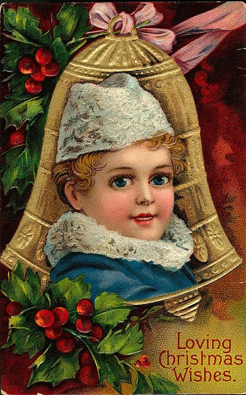 Victorian Christmas Wishes Card with Child in Gold Bell, Holly