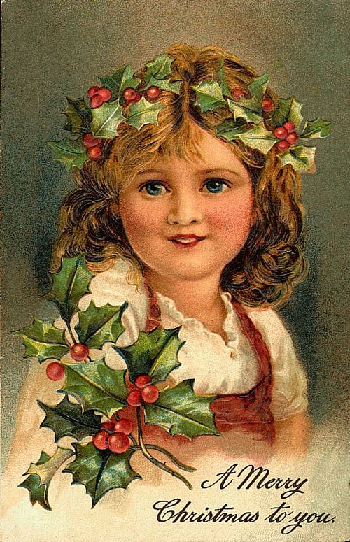 Victorian Christmas Card Holly Girl with Curls, Vintage 1880s