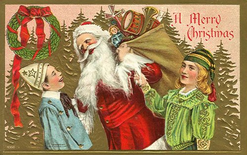 Victorian Christmas Greeting Card with Santa and Children