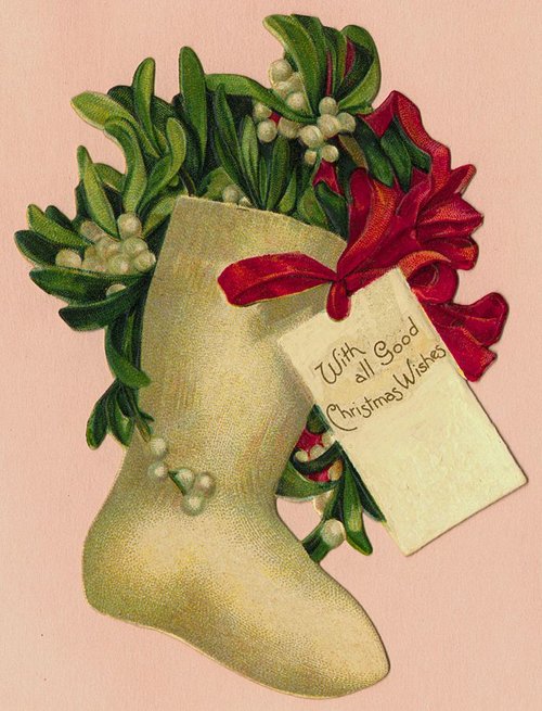 Victorian Christmas Stocking with Mistletoe - Vintage Holiday Greeting Card