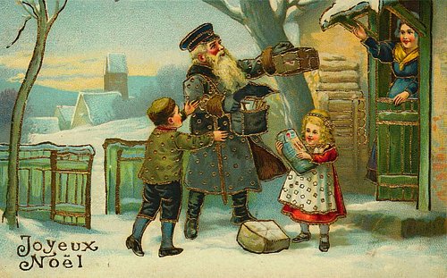French Joyeux Noël Christmas Card: Santa Military Officer & Children