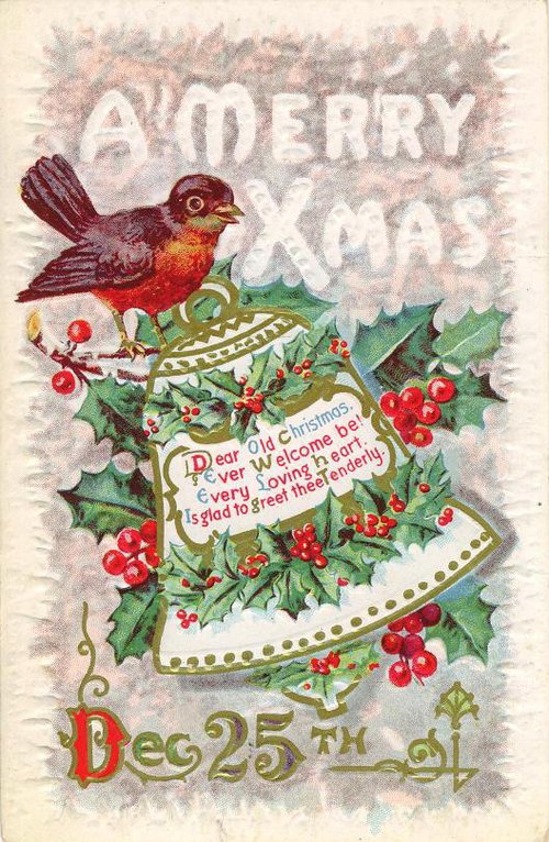 Vintage A Merry Xmas Christmas Card with Robin and Holly