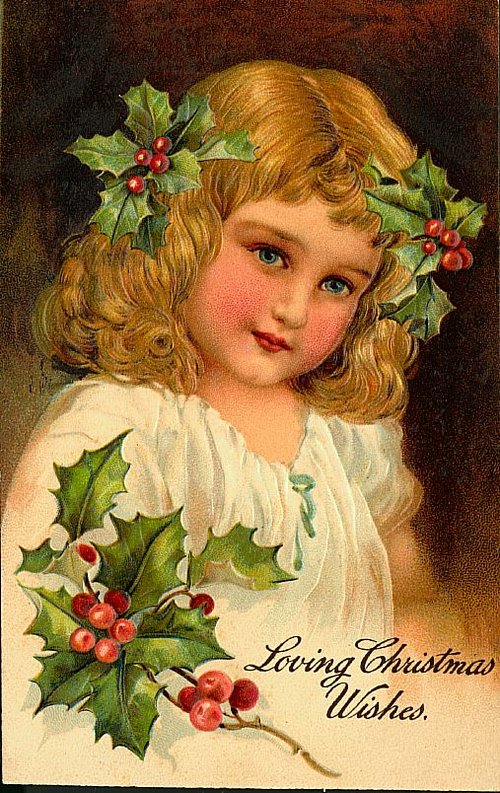 Vintage Christmas Greeting Card with Holly-Crowned Child