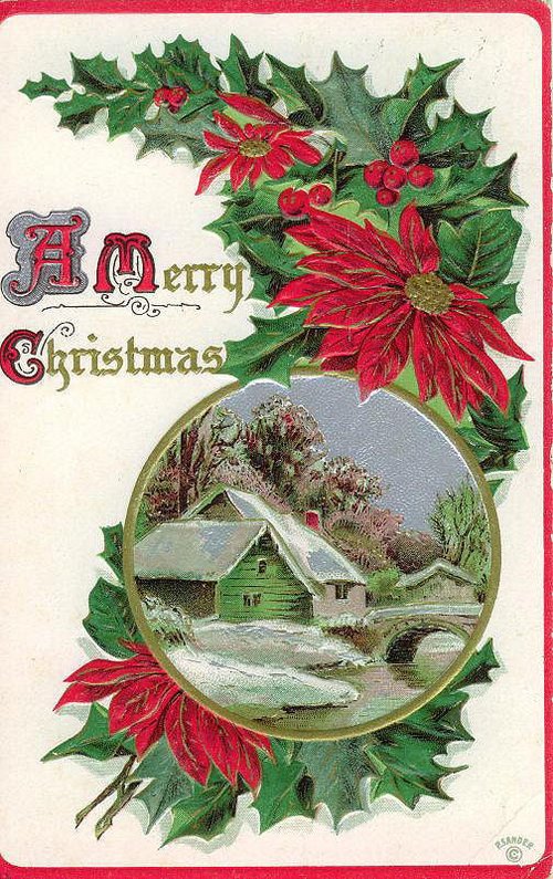 Victorian Christmas Greeting Card with Poinsettias & Cottage