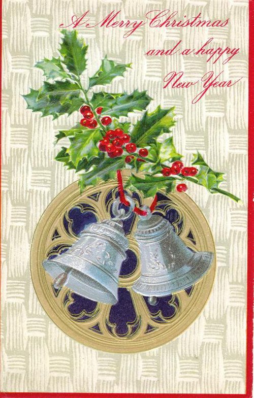 Victorian Christmas Holly Bells Greeting Card | Antique Holiday
