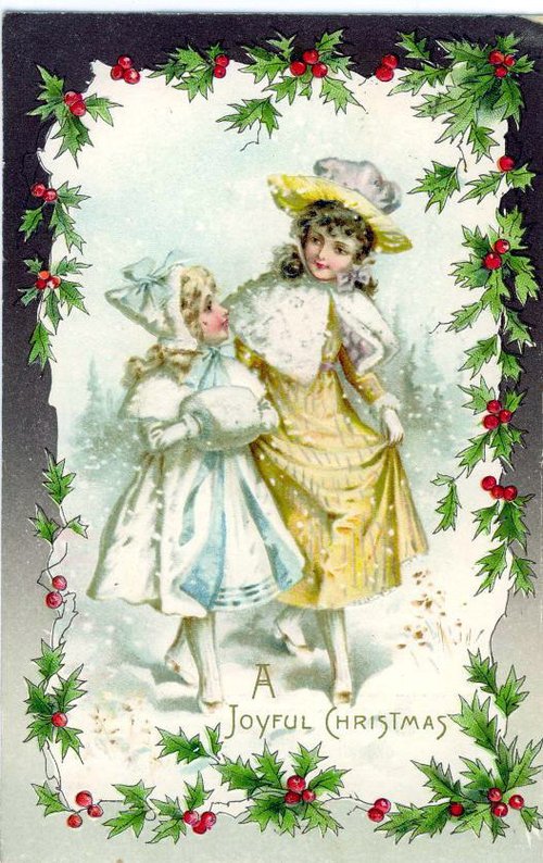 Victorian Christmas Card with Holly Border & Children