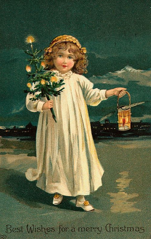 Victorian Christmas Angel Child Greeting Card with Lantern