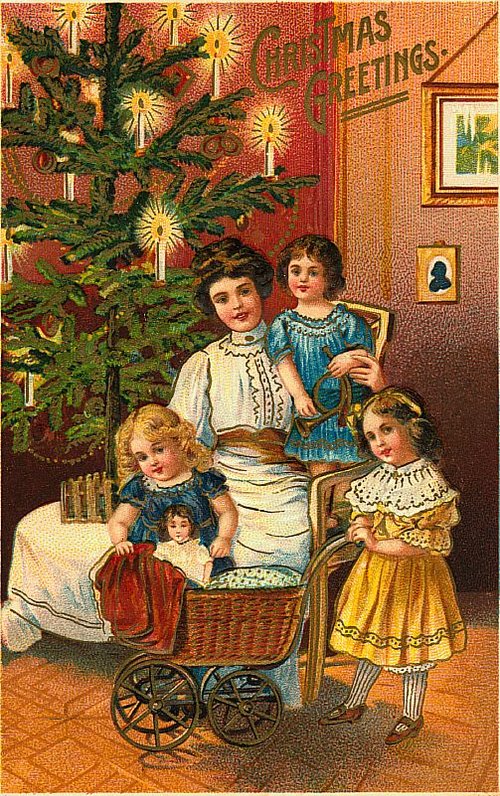 Victorian Christmas Greetings Card with Children & Decorated Tree