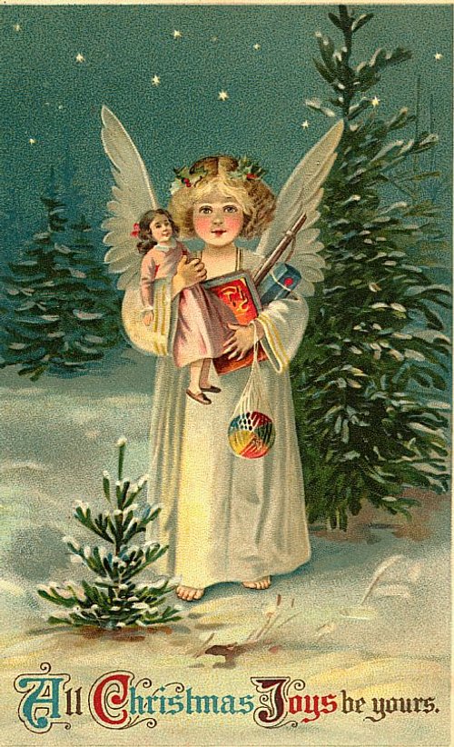 Victorian Christmas Angel with Gifts - Vintage Holiday Greeting Card