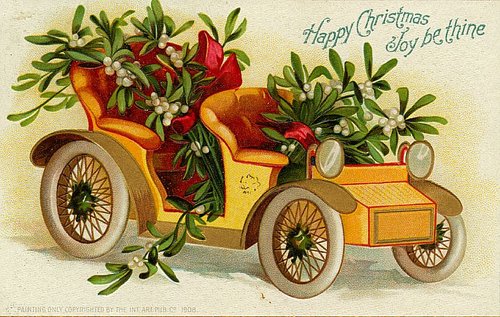 Edwardian Christmas Card with Yellow Automobile & Mistletoe