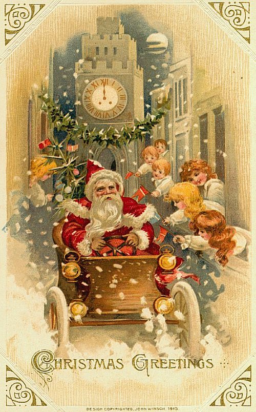 Vintage 1913 Christmas Greeting Card with Santa in Automobile