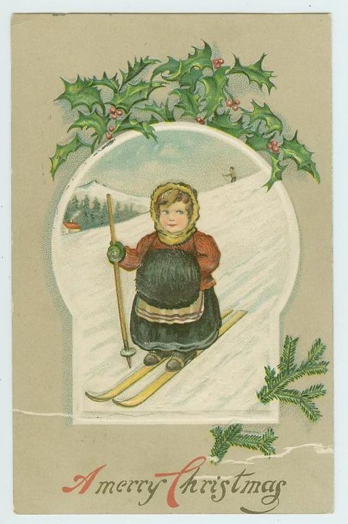 Victorian Christmas Greeting Card: Child Skiing with Holly