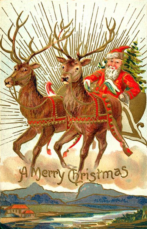 Victorian Santa's Sleigh Christmas Card with Reindeer