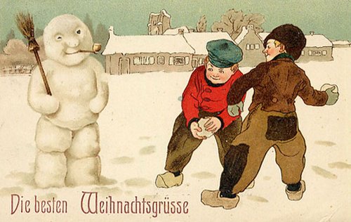 Vintage German Christmas Greeting Card with Snowman and Children