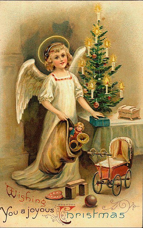 Victorian Christmas Angel with Toys & Tree - Vintage Greeting Card