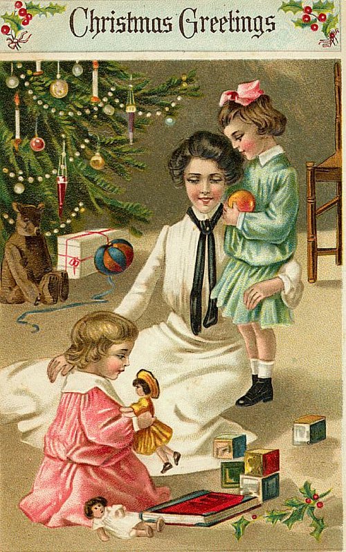 Victorian Christmas Greeting Card with Woman and Children by Tree