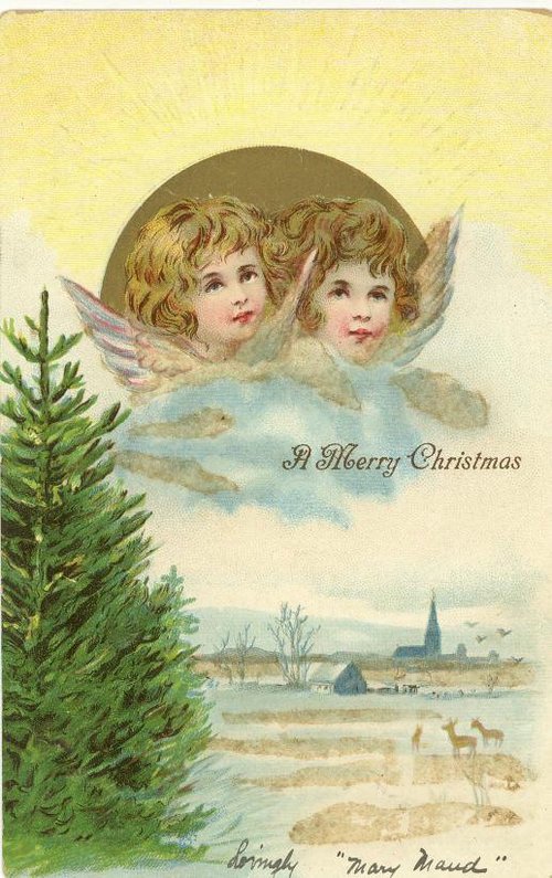 Victorian Christmas Angels Greeting Card with Winter Landscape