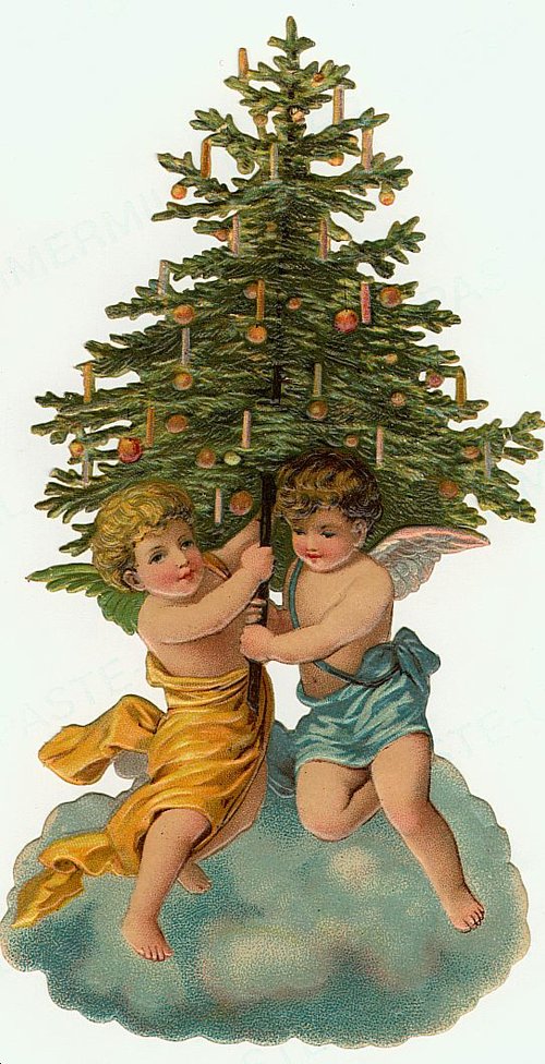 Victorian Christmas Card with Angels and Decorated Tree