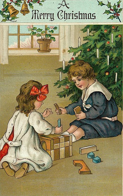 Vintage Christmas Card Children Building Blocks Victorian Era