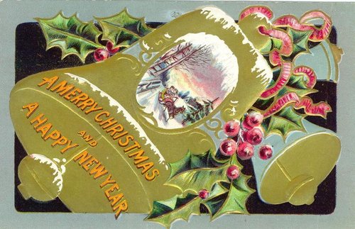 Victorian Christmas New Year Greeting Card Holly Berries Gold