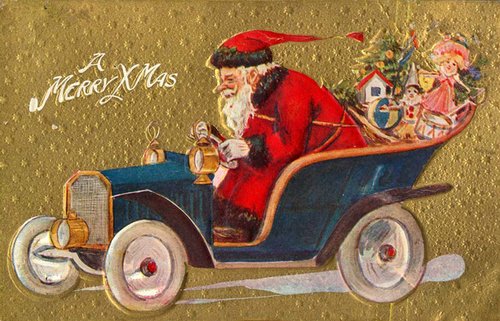Vintage Santa in Motorcar Christmas Greeting Card, Early 1900s
