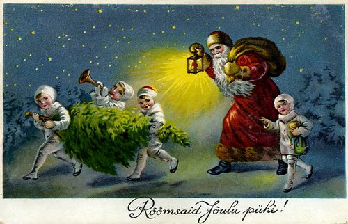 Victorian Christmas Angels & Santa Lantern Vintage Greeting Card