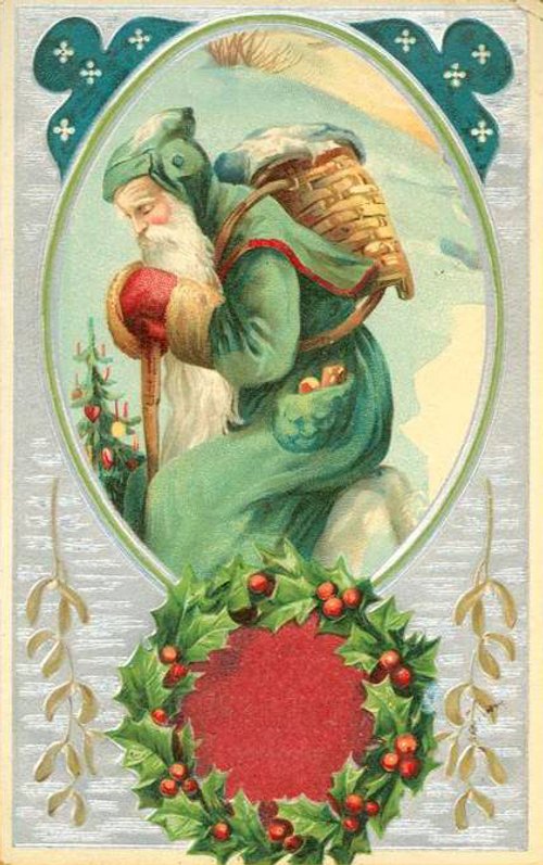 Victorian Green Santa Claus Christmas Greeting Card, 1880s-1890s