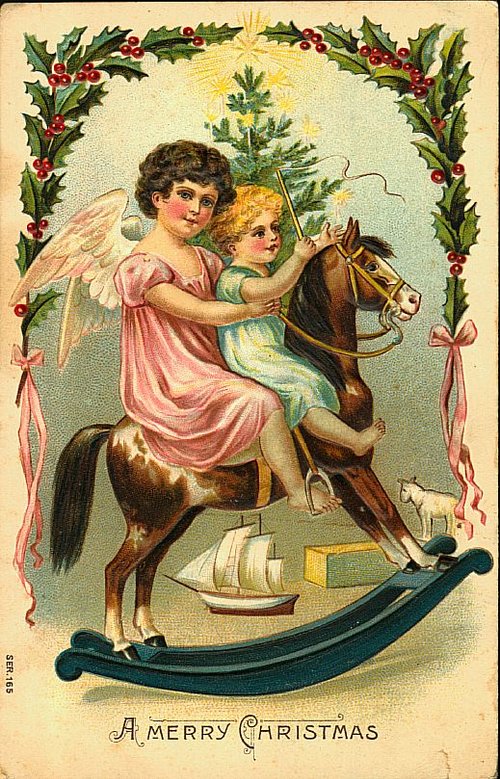 Victorian Christmas Greeting Card with Cherubs on Rocking Horse